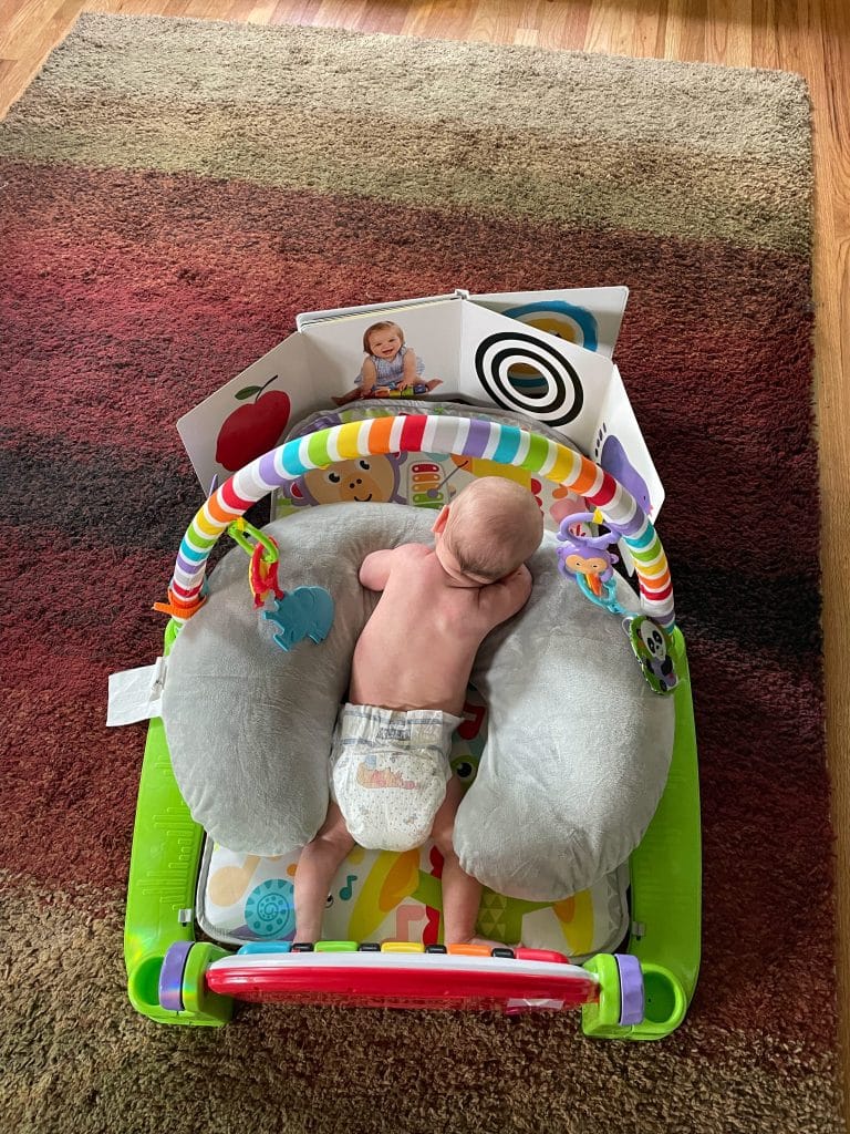 Two-month-old baby in prone position during tummy time