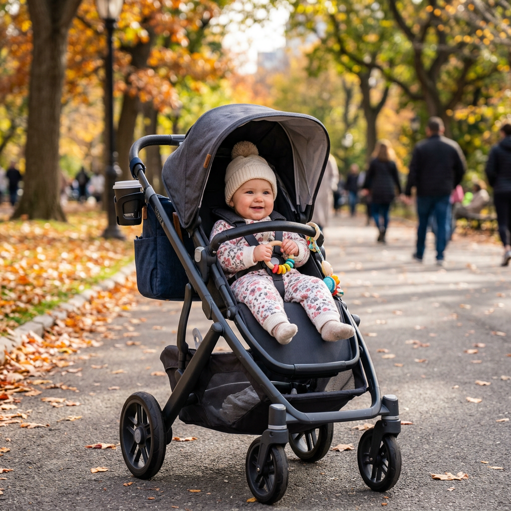 Smiling baby in warm outfit sitting in a stroller on an autumn park path