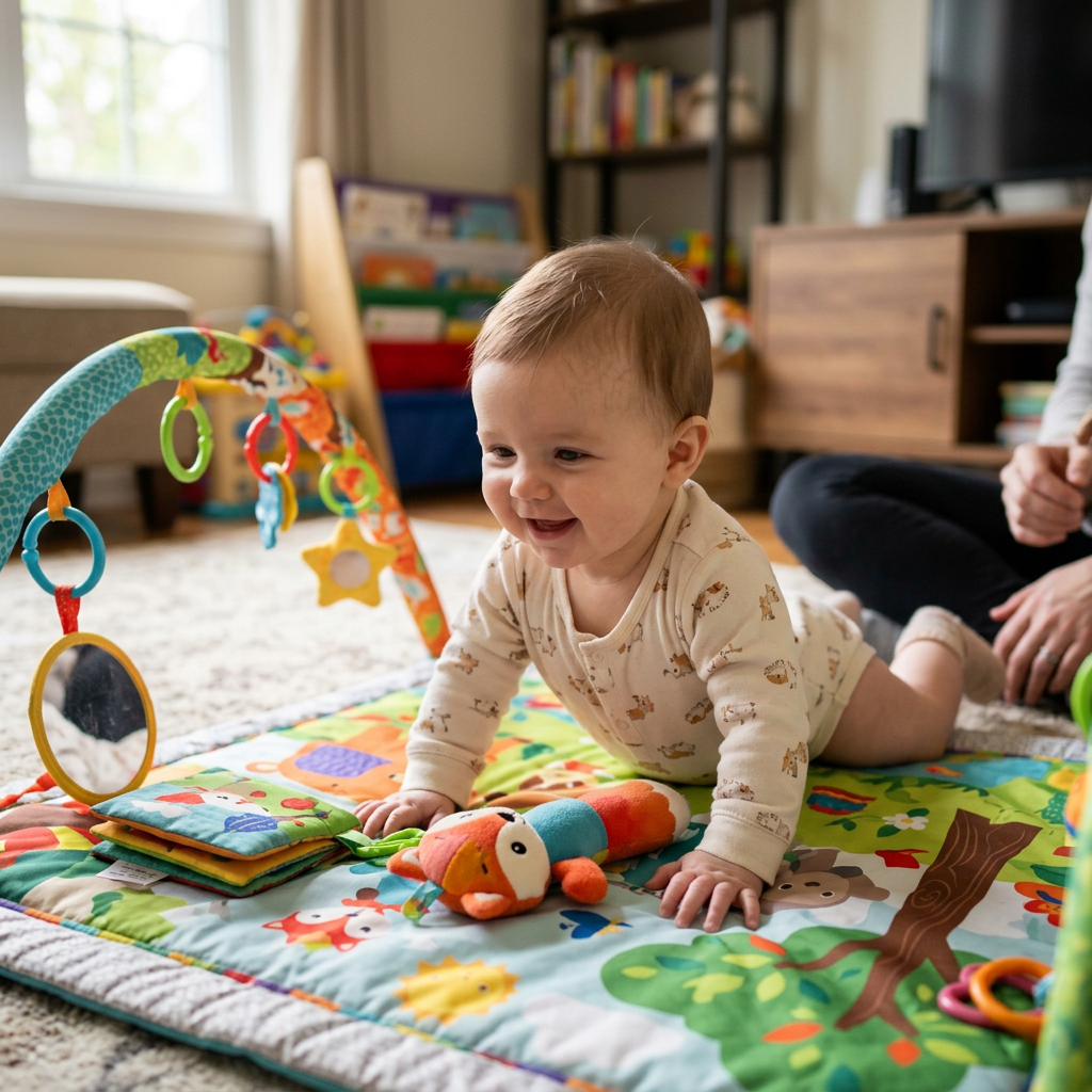Baby lying on tummy on colorful activity mat with hanging toys and plush animal