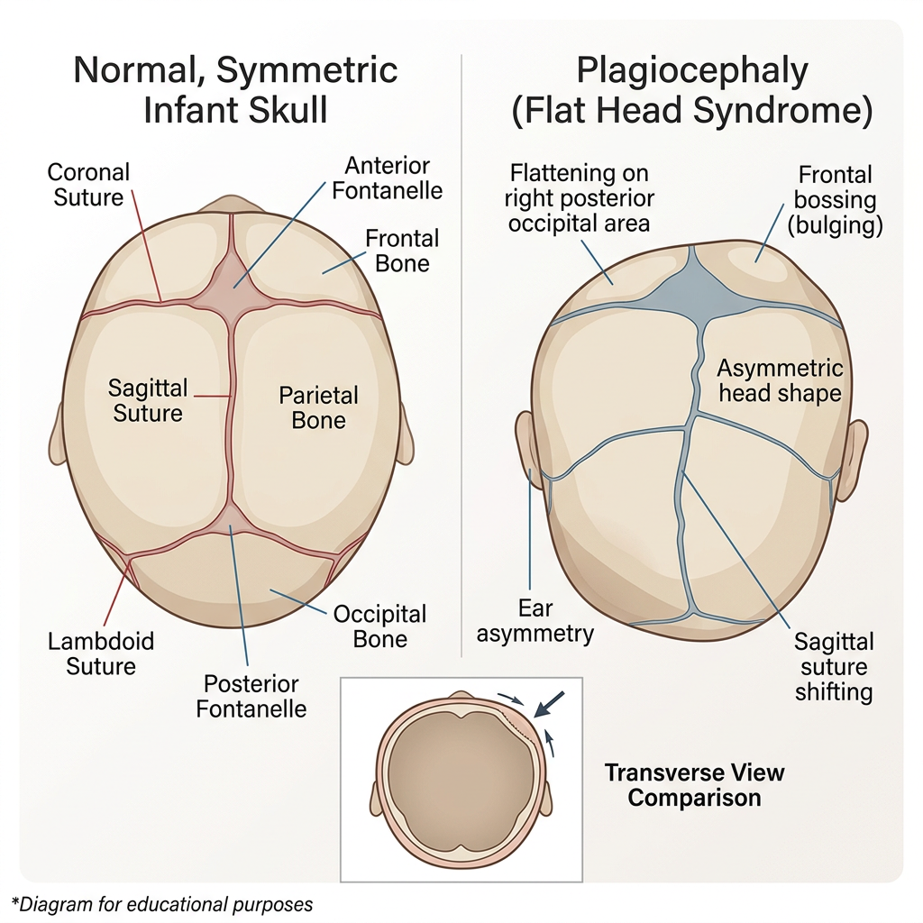 Diagram showing normal symmetric infant skull with sutures and bones compared to plagiocephaly skull with asymmetry and flattening