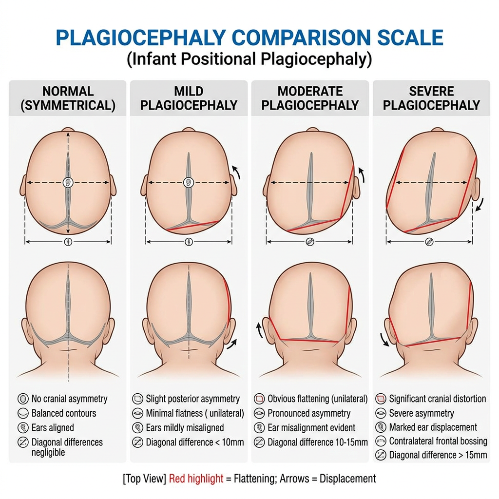 Baby flat head (plagiocephaly) severity levels — normal, mild, moderate, and severe skull shape diagram