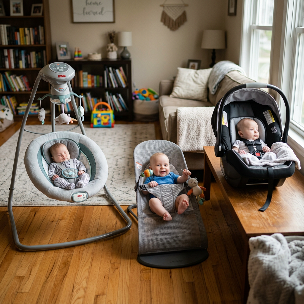 Three babies seated, one sleeping in a baby swing, one smiling in a baby bouncer, one resting in a car seat